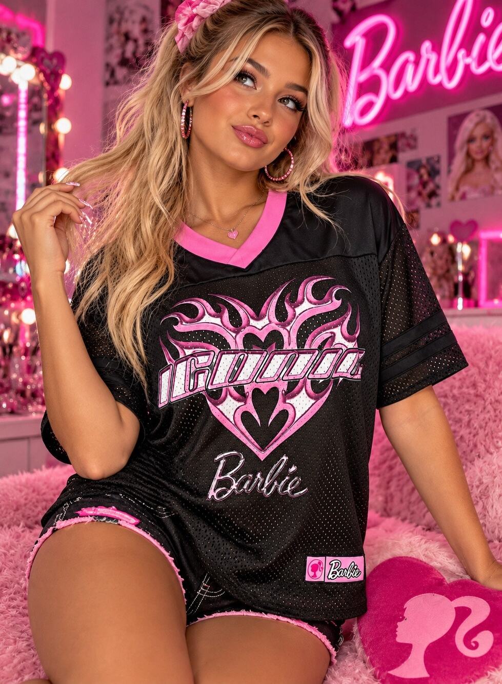 Barbie Women’s M Black Pink Mesh Jersey Y2K Graphic 1959 Heart V-Neck Shirt